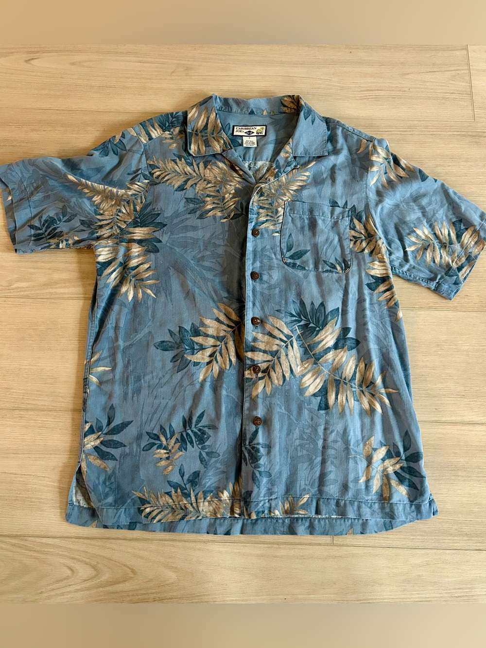 Silk Caribbean Joe Blue Tropical Leaf Hawaiian Men's Button Up Shirt